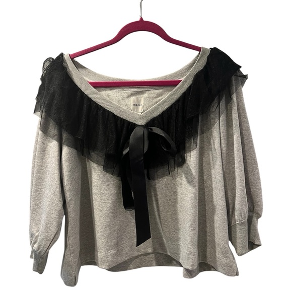 Anthropology Maeve Gray V neck Top with Black Lace Trim - Picture 2 of 6